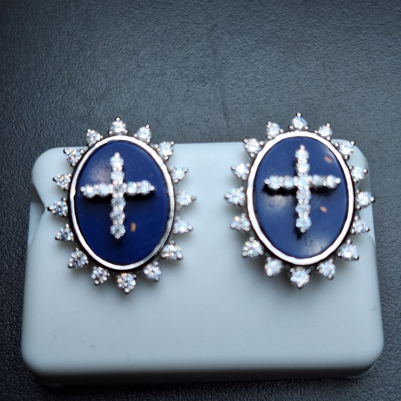 Natural Lapis Lazuli 925 Sterling Silver 1.50ctw Moissanite Diamond Earrings - Picture 2 of 3